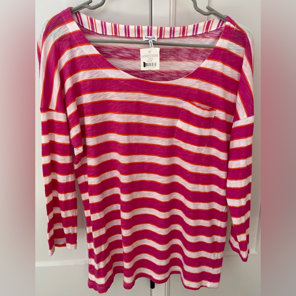 New NWT Splendid Nordstrom 3/4 sleeve striped pocket tee pink white orange small